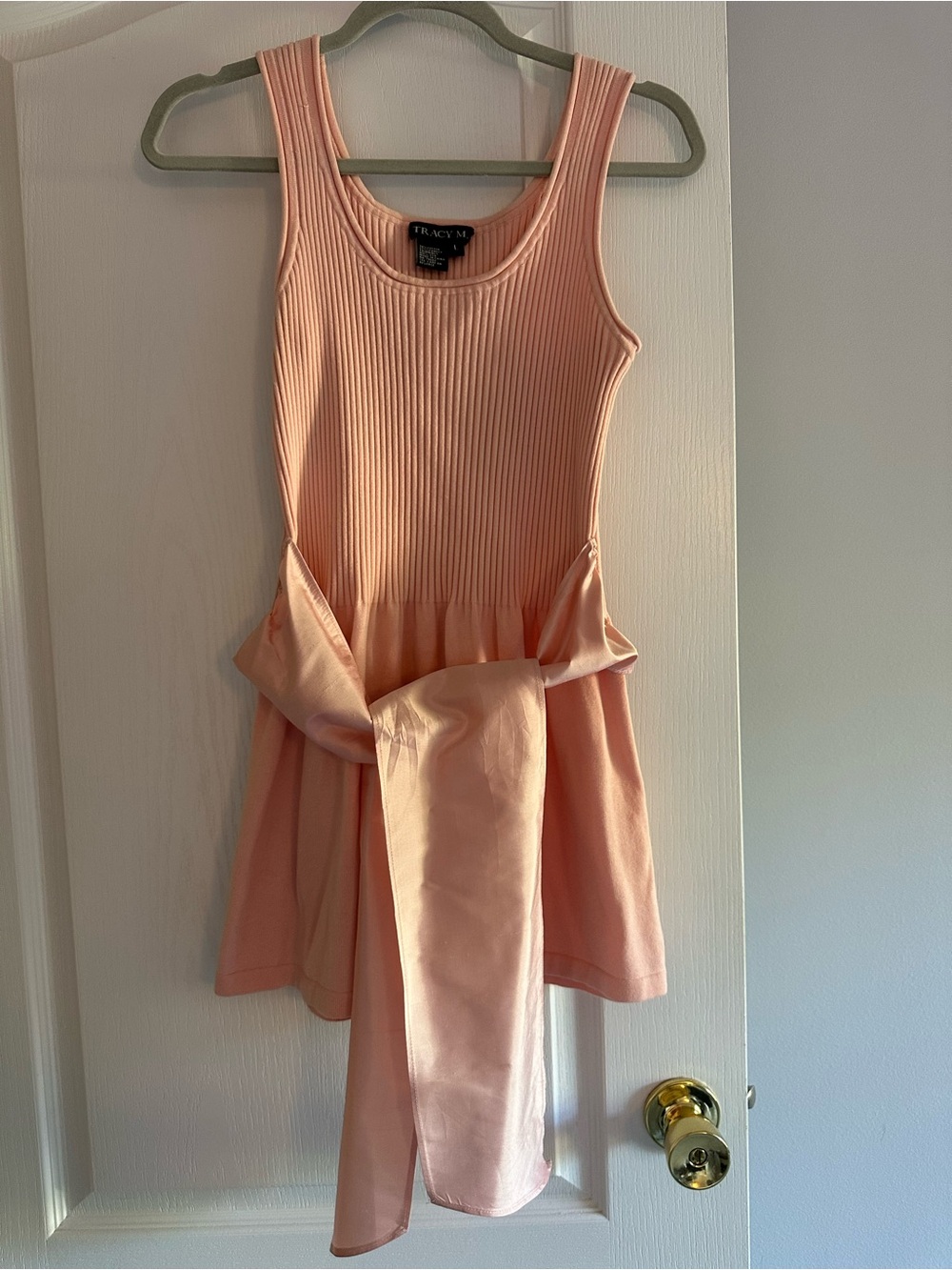 Tracy M Blush Pink Ribbed Tank Mini Dress with Waist Tie